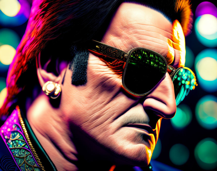 Character with Styled Black Hair and Sunglasses in Colorful Background