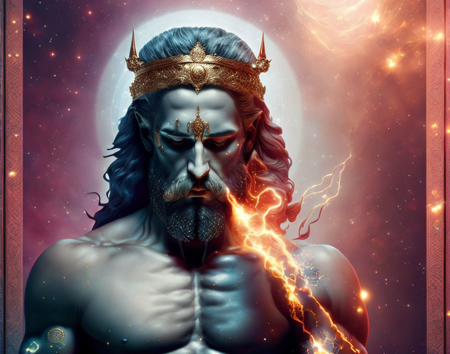 Bearded Figure with Crown and Lightning in Cosmic Background