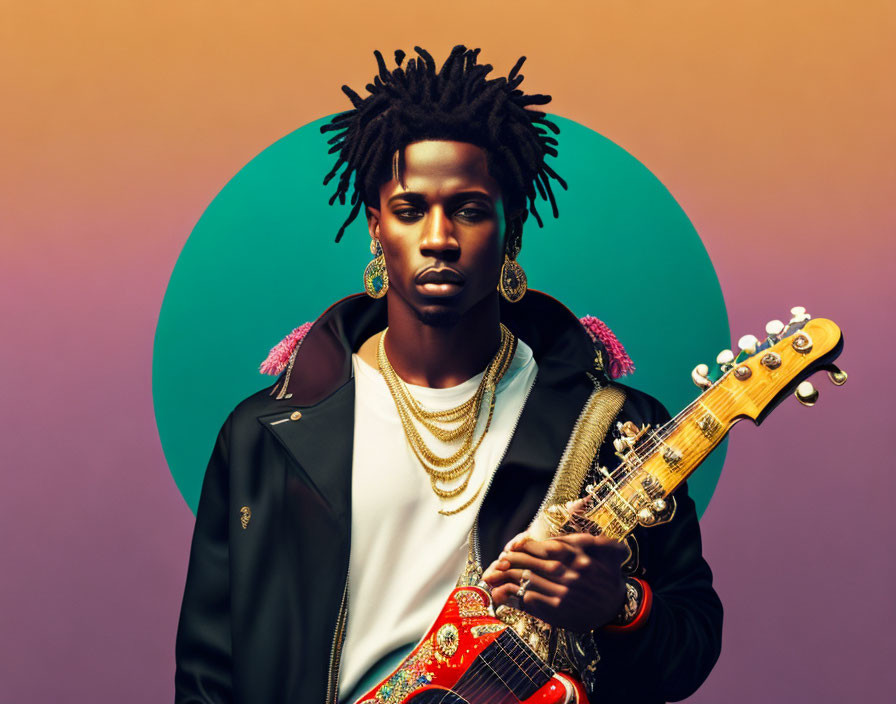 Dreadlocked man with electric guitar on teal and orange gradient background