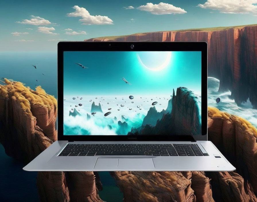 Laptop with whale wallpaper on cliff edge blending with landscape
