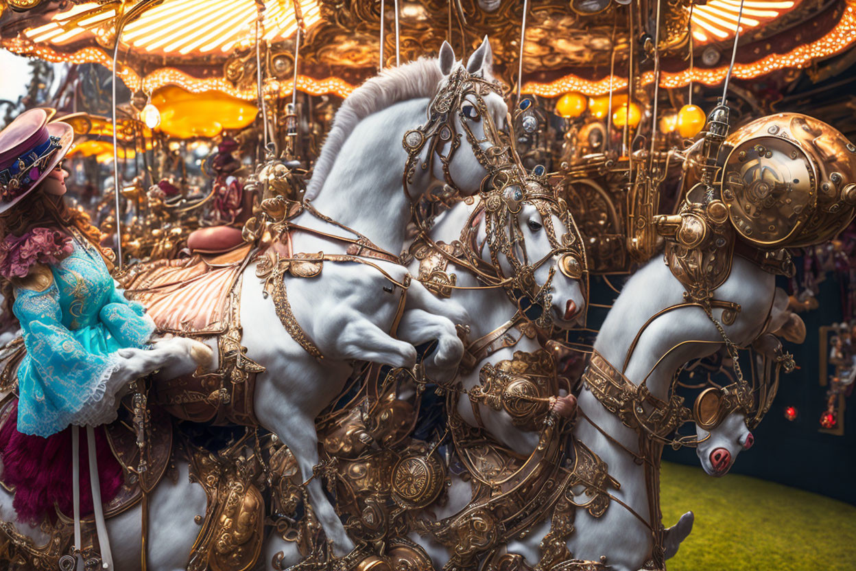 Vintage carousel horse ride with person in ornate attire and golden accents.