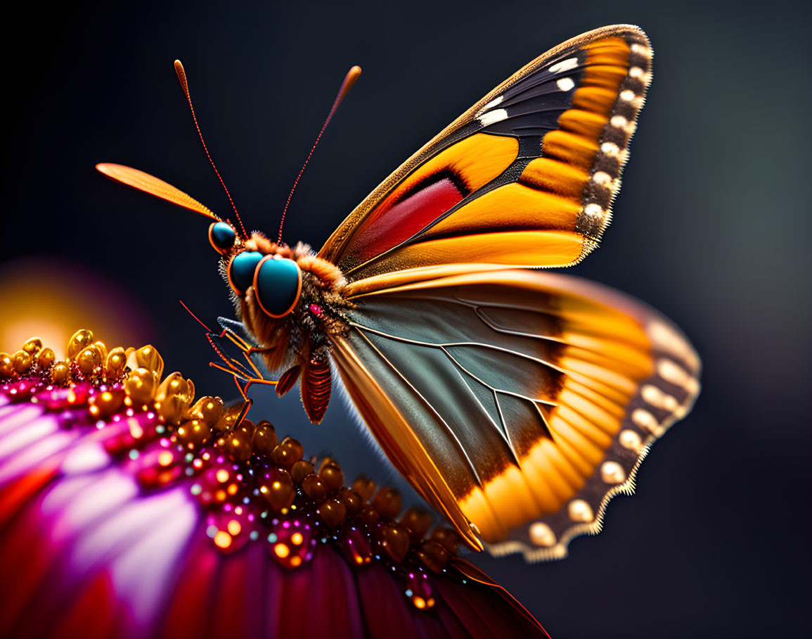 Colorful Butterfly on Flower with Dew Drops and Intricate Wing Patterns