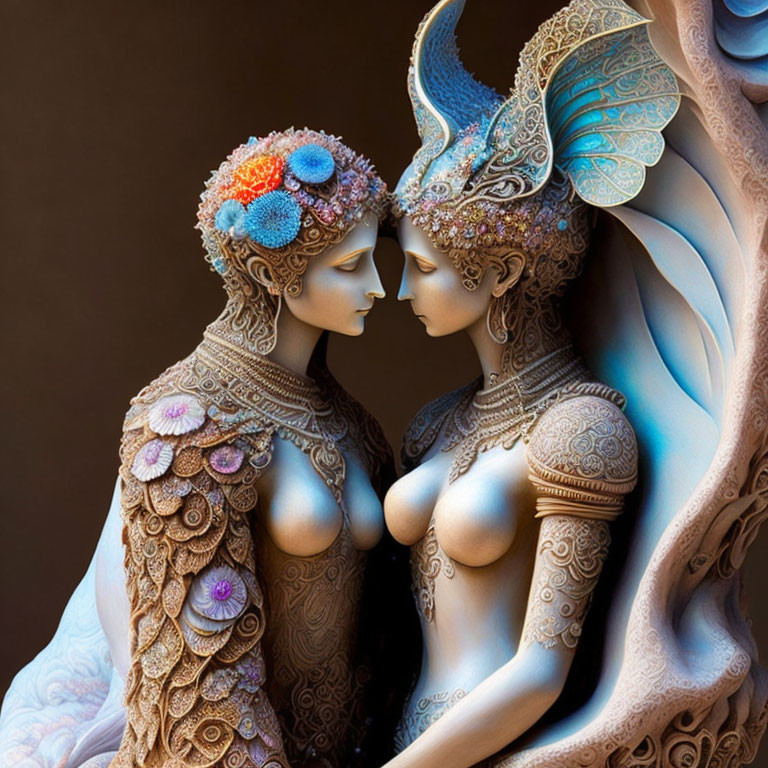 Intricately Decorated Fantastical Figures in Close Face-to-Face Pose