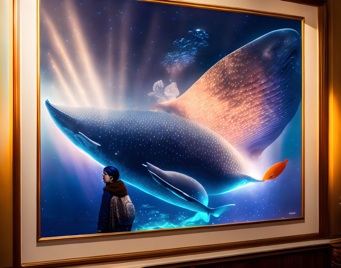 Person in Dark Jacket Observes Illuminated Whale Artwork