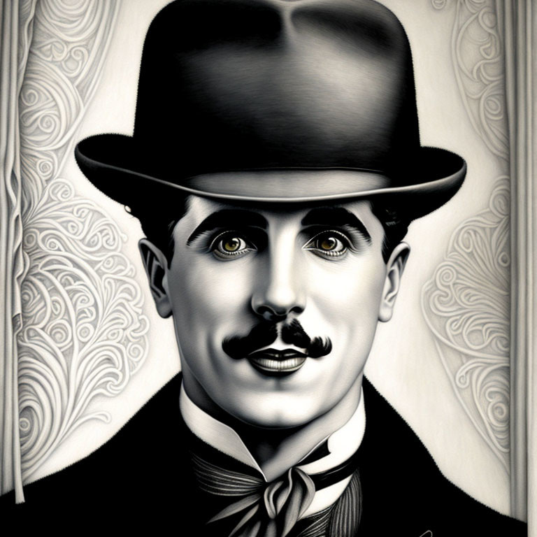 Monochrome illustration of man with bowler hat and mustache