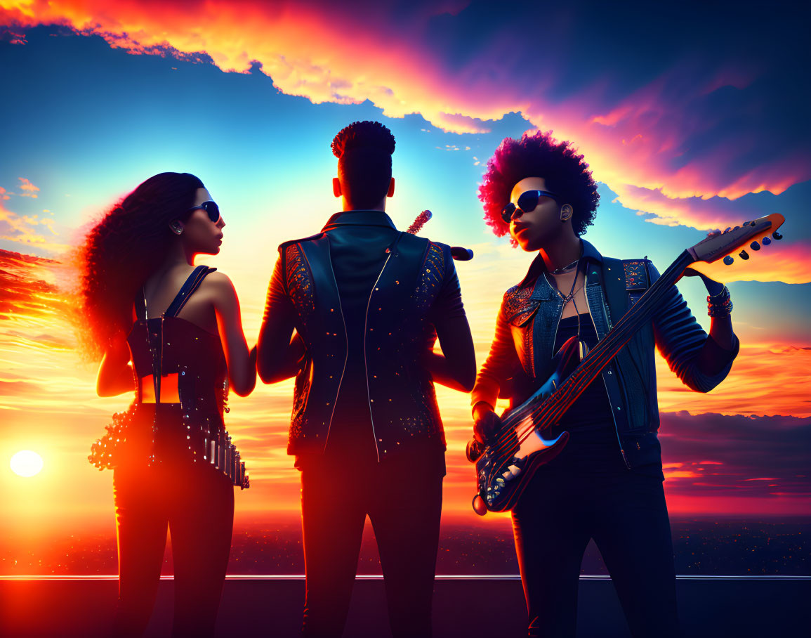 Three musicians with guitar pose against vibrant sunset backdrop