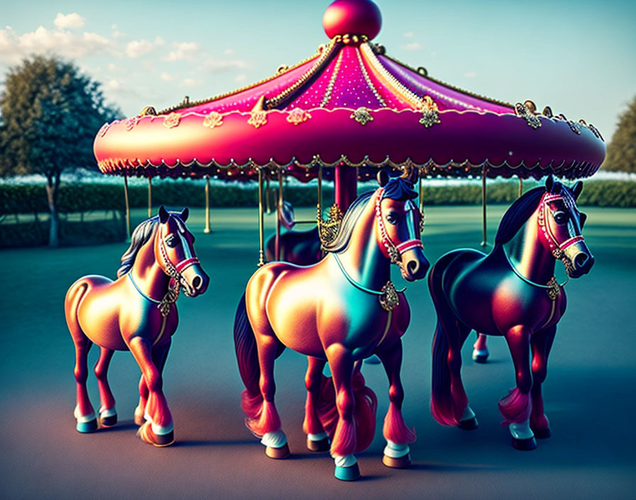 Colorful Merry-Go-Round with Painted Horses and Scenic Background