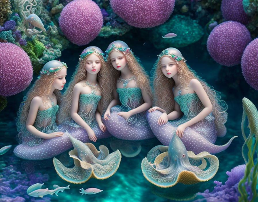 Four Mermaids with Long Wavy Hair Among Colorful Sea Life