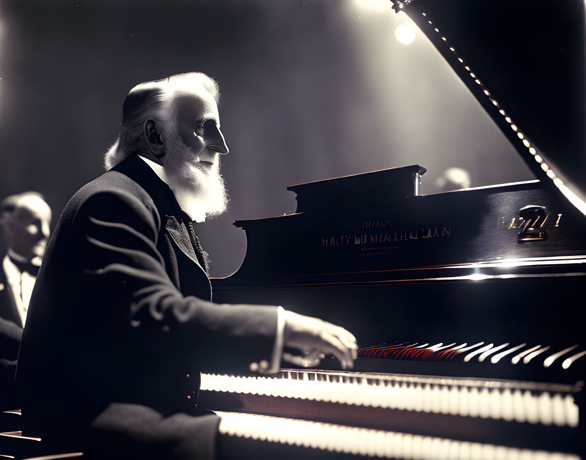 Elderly Man with White Beard Playing Grand Piano on Dramatic Stage