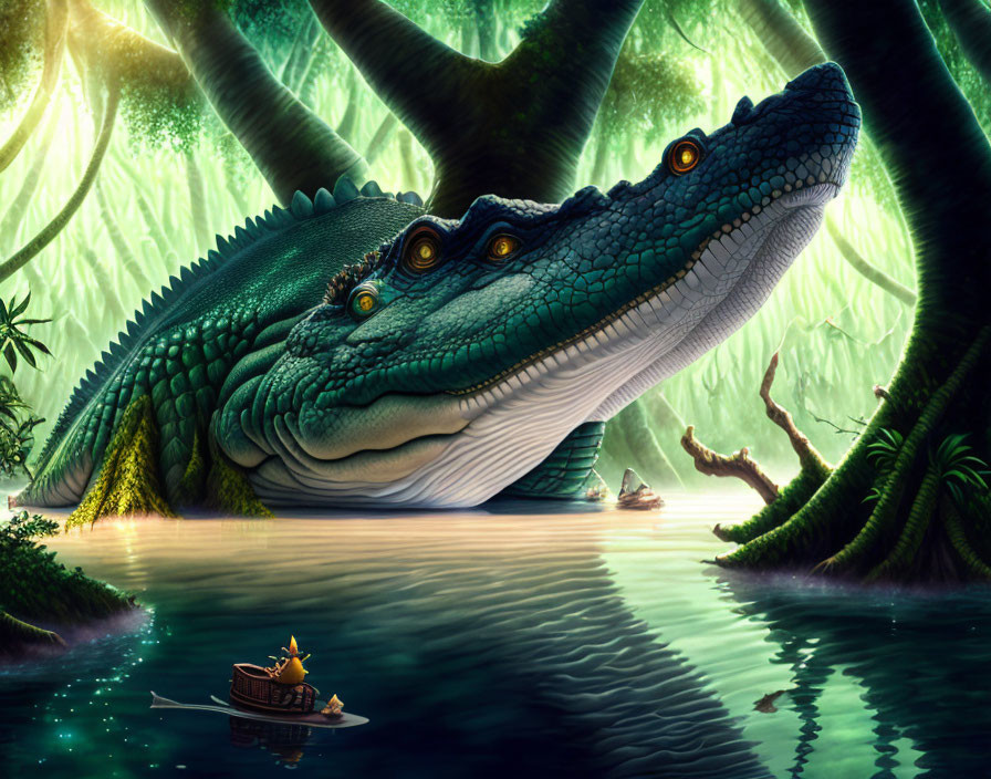 Illustration of person in boat with giant camouflaged crocodile