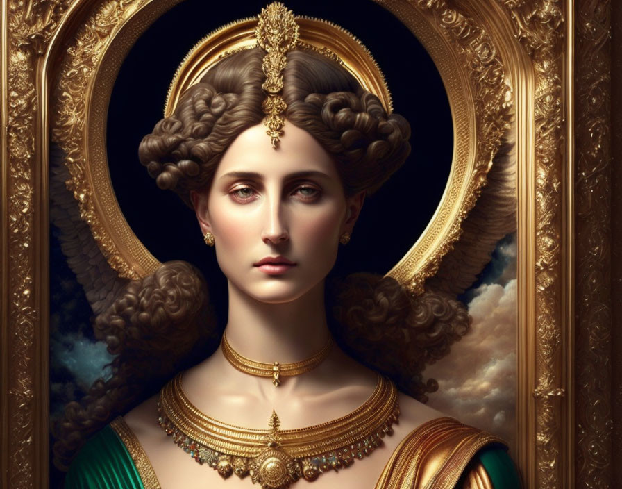 Digital portrait of a woman in Renaissance style with intricate hair and gold jewelry in golden frame.