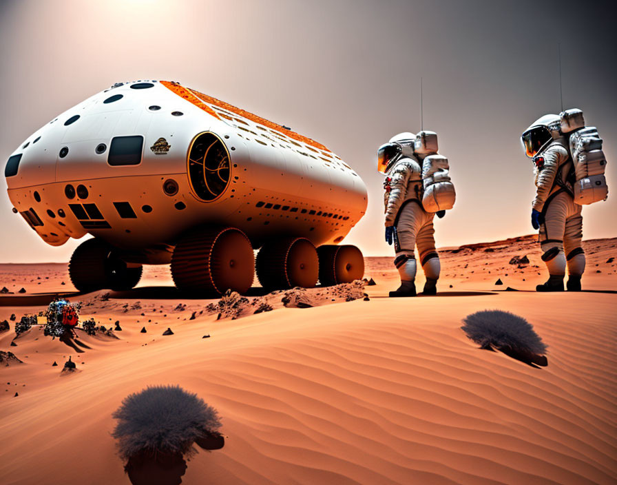 Astronauts on Mars surface unload cargo.