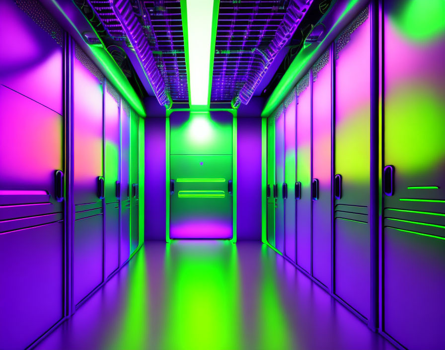 Server room with purple and green lights