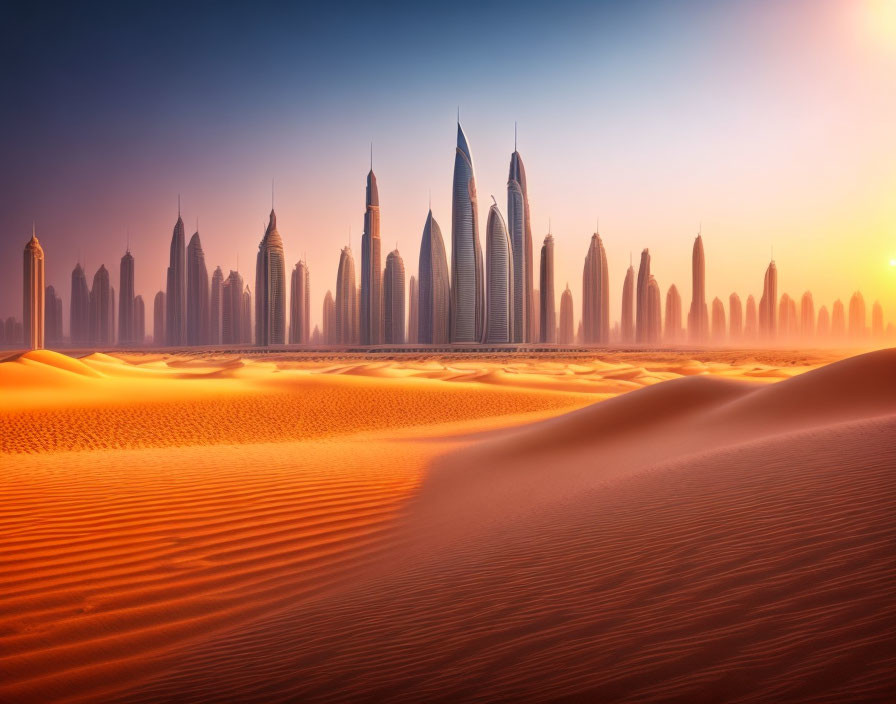 Sunset in Dubai desert with arches and palm trees