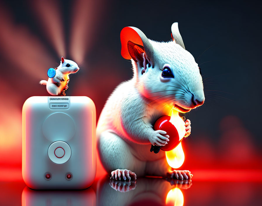 Stylized depiction of two squirrel-like creatures in dynamic red and blue lighting