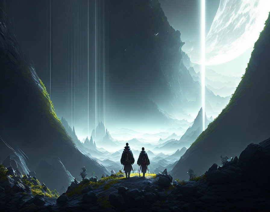 Two figures in alien landscape with cliffs, waterfalls, and large moon