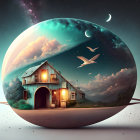Surreal house in bubble world under twilight sky with birds, moon, and mountains