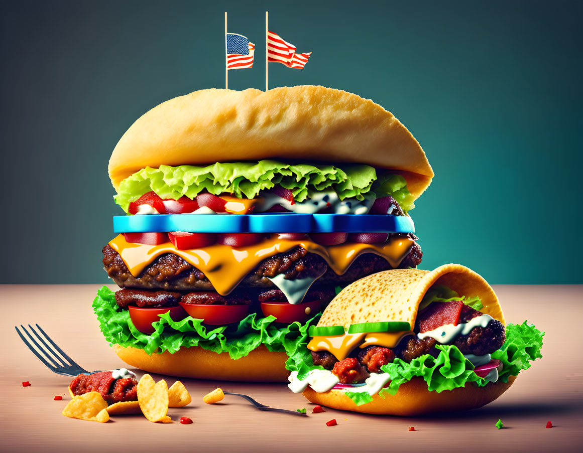 Stylized image of large double cheeseburger with flags, taco, and chips on table