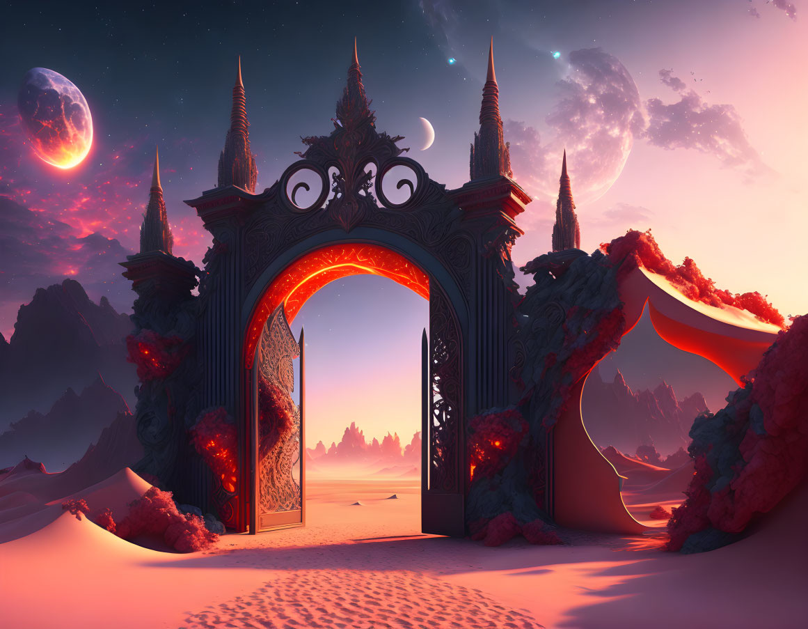 Fantasy landscape with ornate gate, glowing pathways, alien terrain, two moons, and pink sky