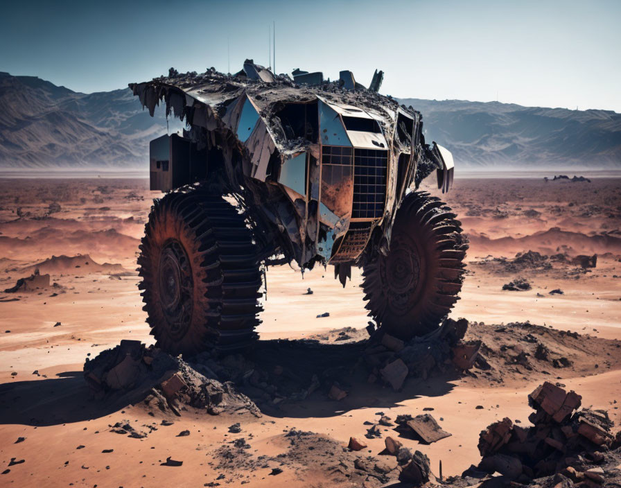 Futuristic vehicle with large tires stranded in rocky desert landscape