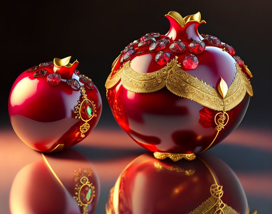 Ornate red spheres with gold embellishments on glossy surface