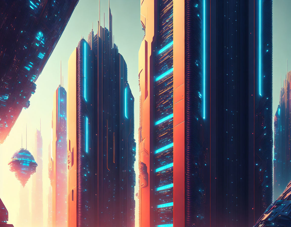 Futuristic cityscape with towering skyscrapers in orange and blue hues