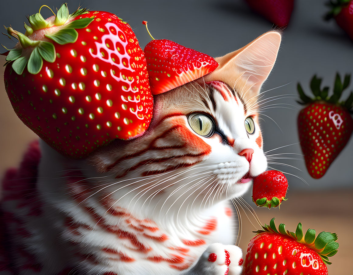 Digitally altered image of orange tabby cat with strawberries superimposed on its body and as a