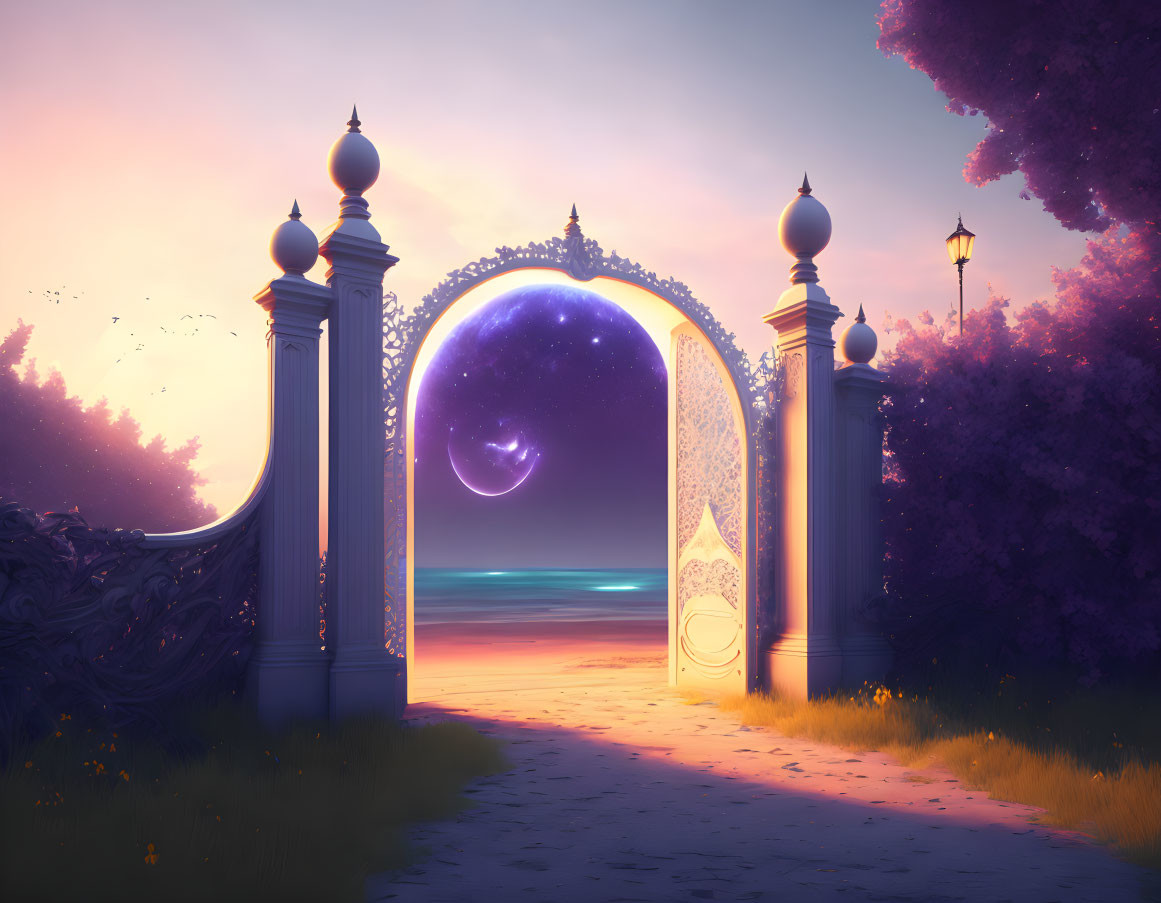 Ornate gate leading to magical landscape with crescent moon and vibrant purple foliage