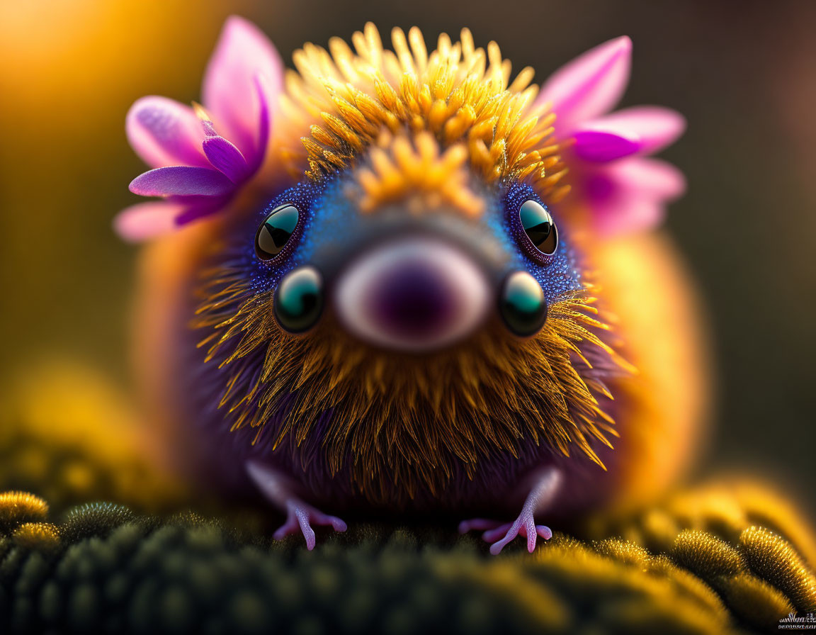 Colorful fantastical creature with orange fur, teal eyes, and flower petal ears on textured surface