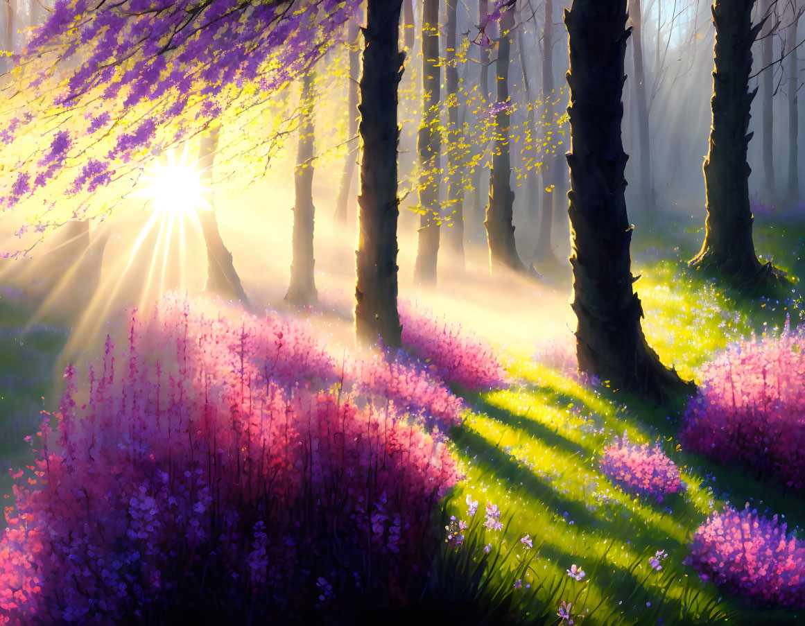 Sunlit forest with purple and pink wildflowers on misty morning