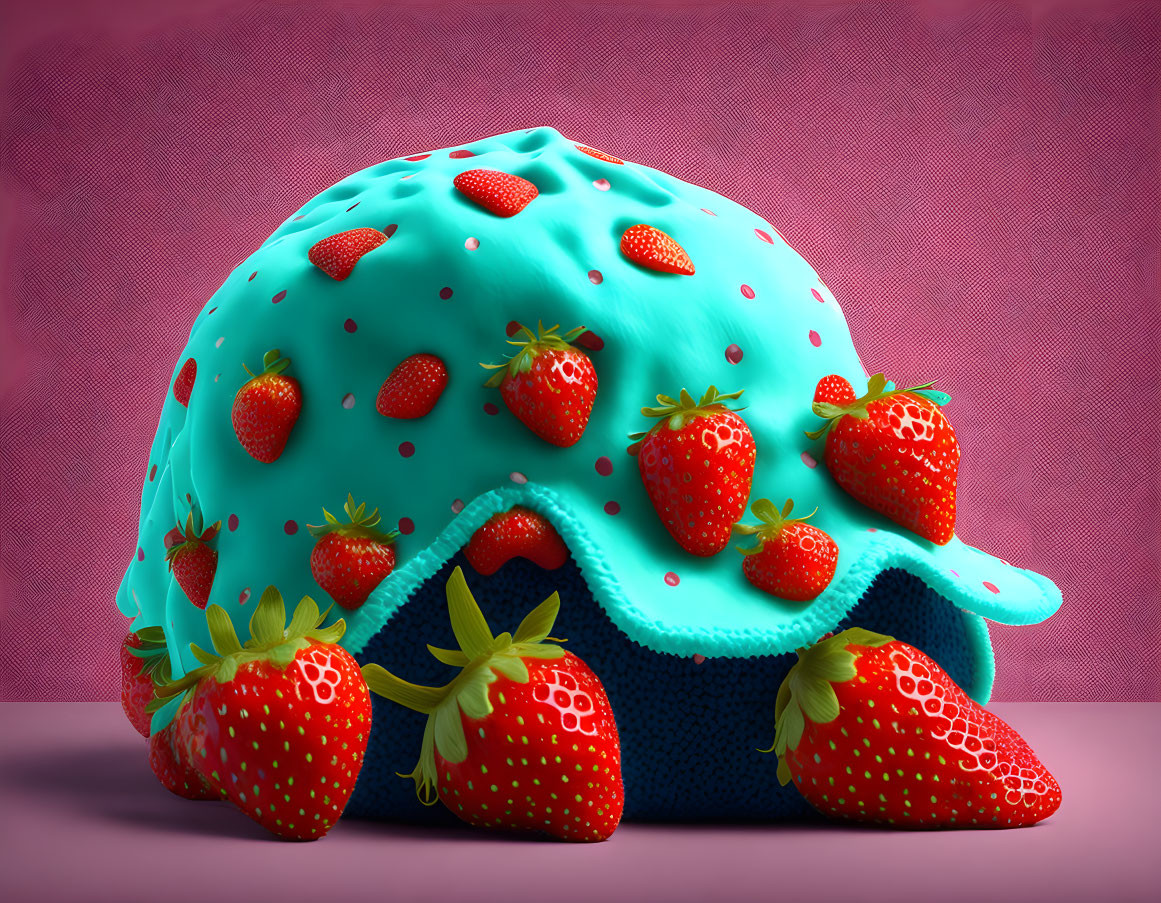 Colorful 3D dessert illustration with blue icing and strawberries