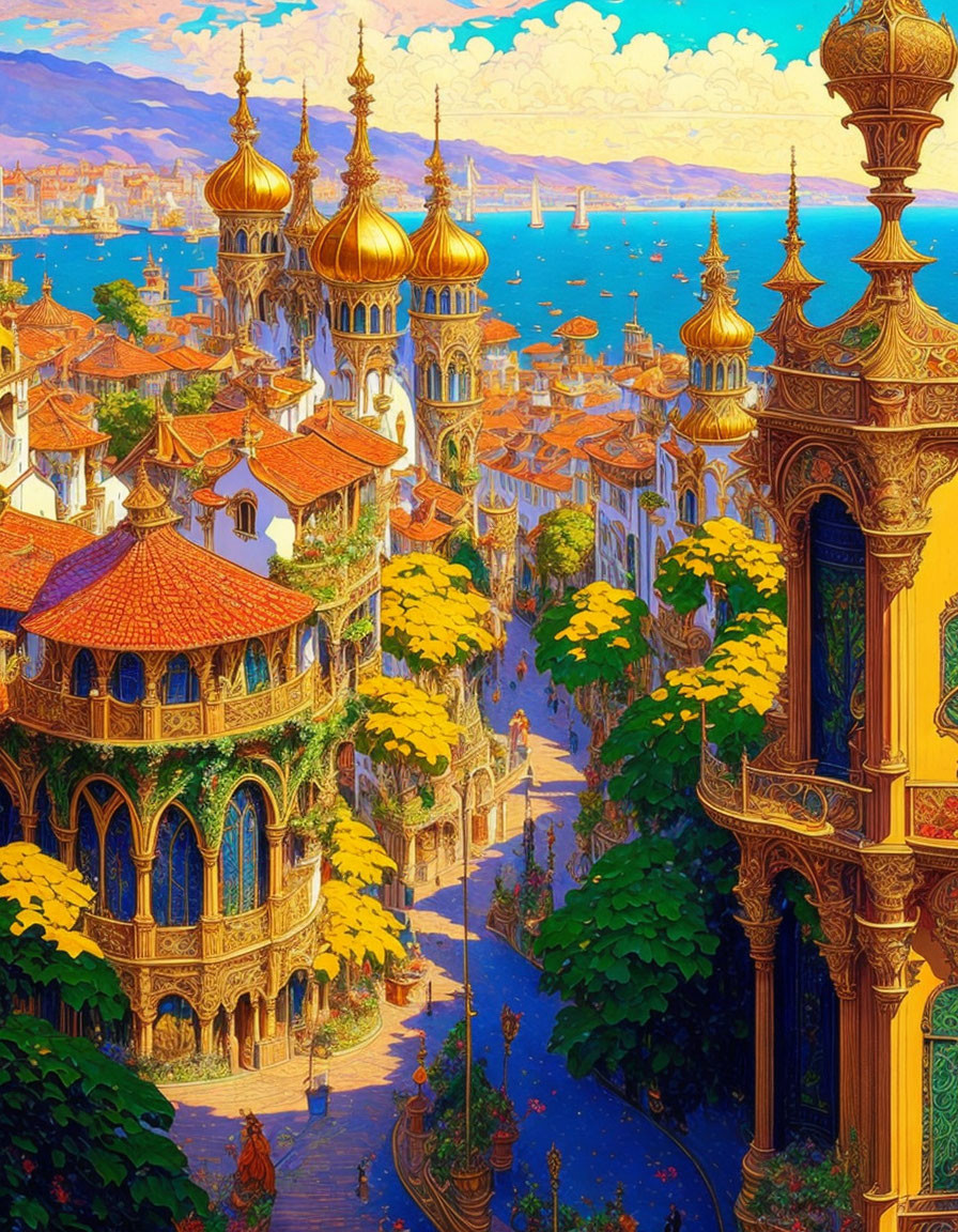 Fantastical cityscape painting with golden buildings, blue water, and lush greenery