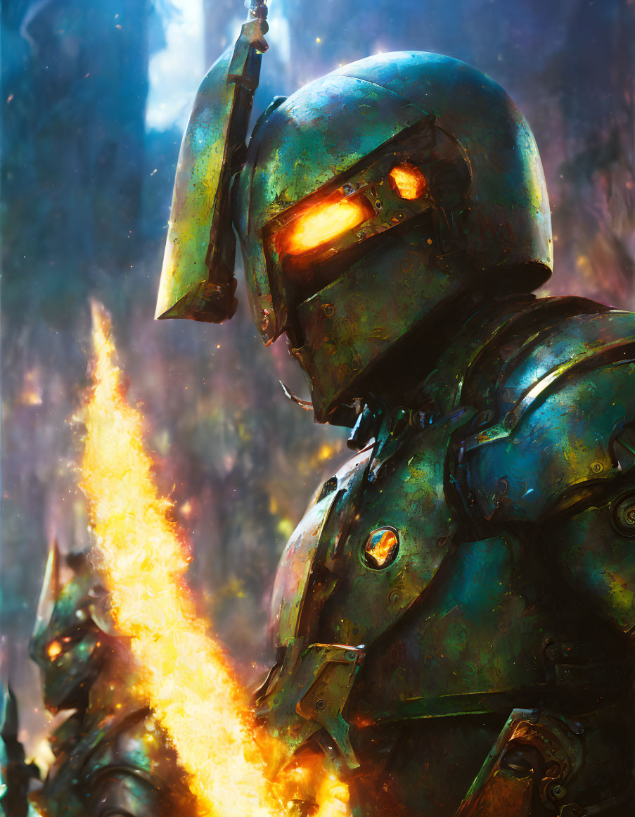 Futuristic warrior in armored suit with glowing orange eyes and flaming weapon against dynamic backdrop