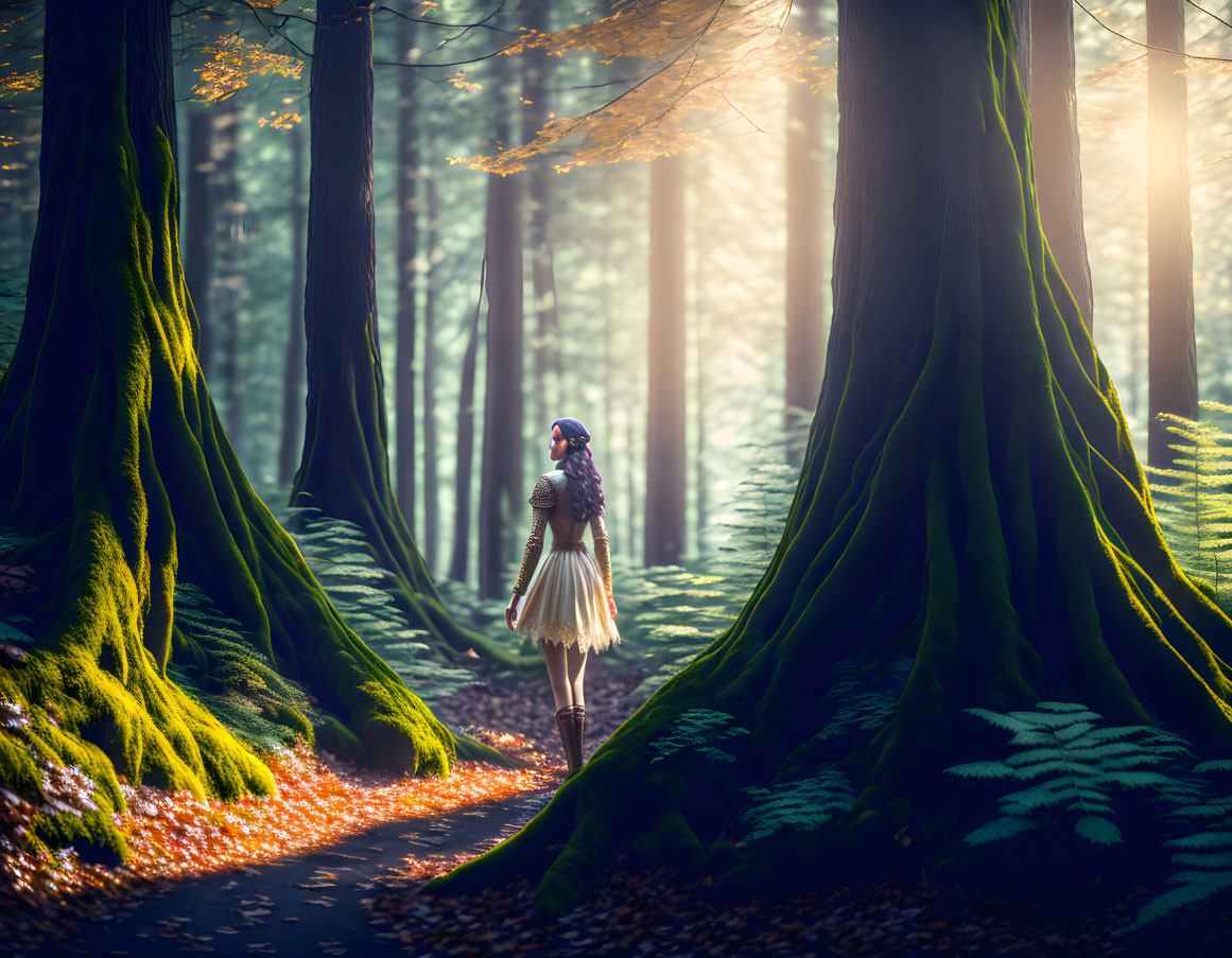 Person in Tutu and Cap Walking in Sunlit Forest with Moss and Autumn Leaves