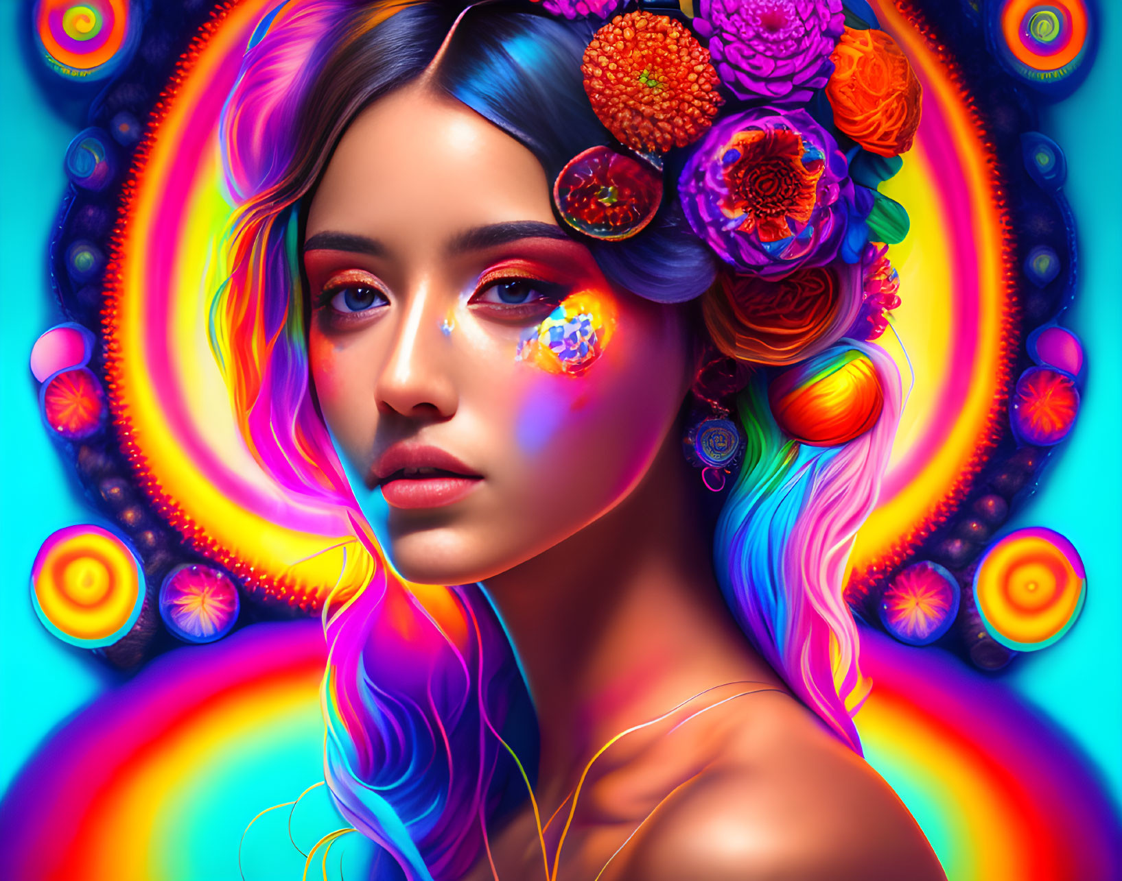 Colorful digital art portrait of woman with blue hair and floral patterns.