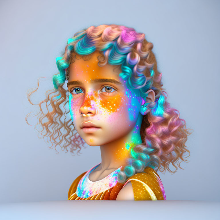 Vibrant 3D illustration of young girl with multicolored curly hair and face paint