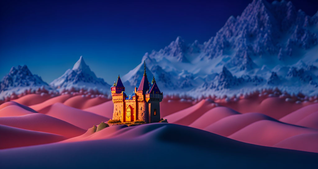 Miniature illuminated castle with snowy mountains and rolling hills at twilight