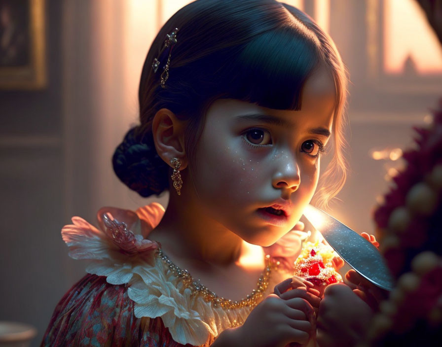 Young girl with braid and hairpins captivated by sparkling knife light