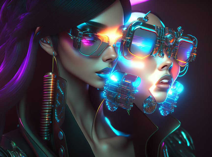 Stylized female figures with futuristic sunglasses in vibrant neon lighting