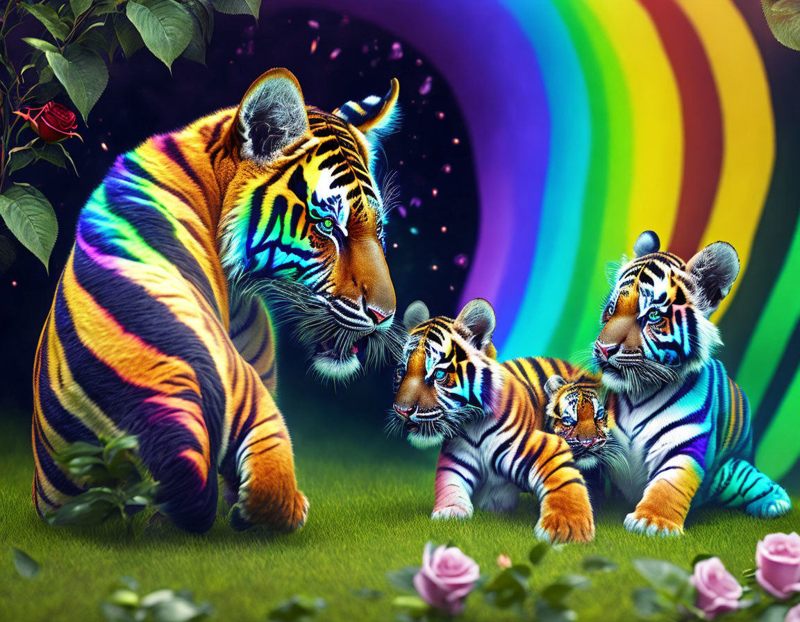 Adult Tiger and Three Cubs with Vibrant Stripes in Rainbow Setting