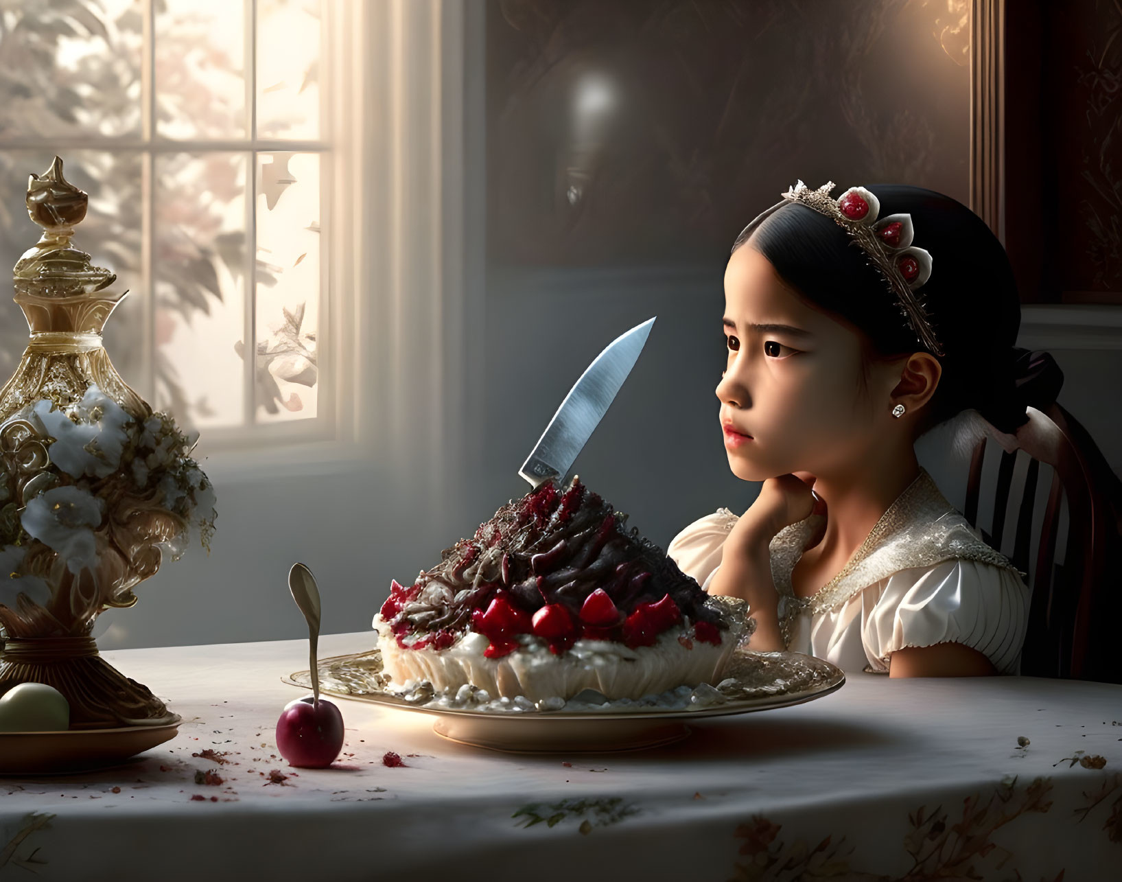 Young girl in princess costume admires cherry-topped cake with knife under sunlight.