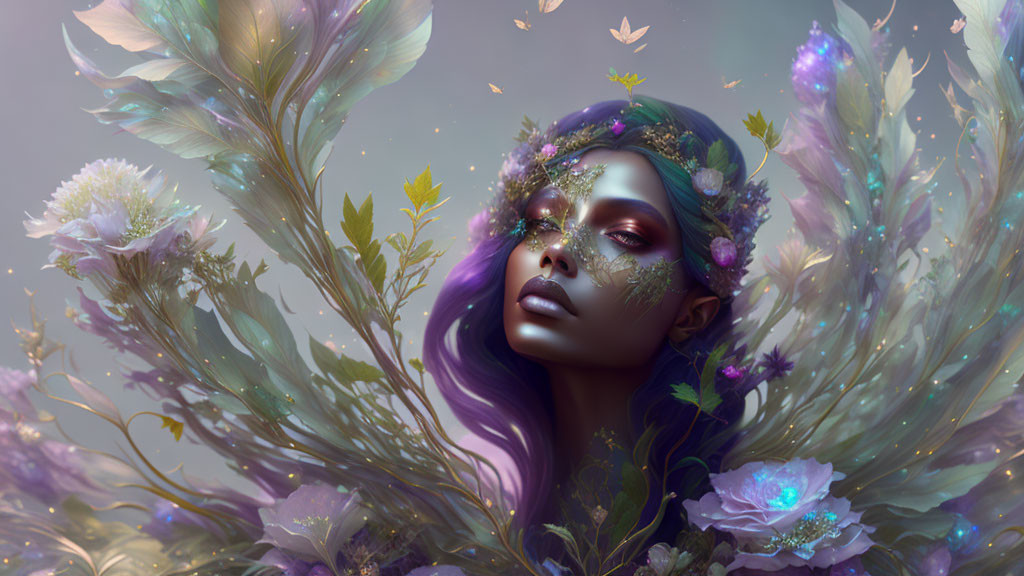 Purple-skinned ethereal figure adorned with floral crown among intricate foliage and feathers.