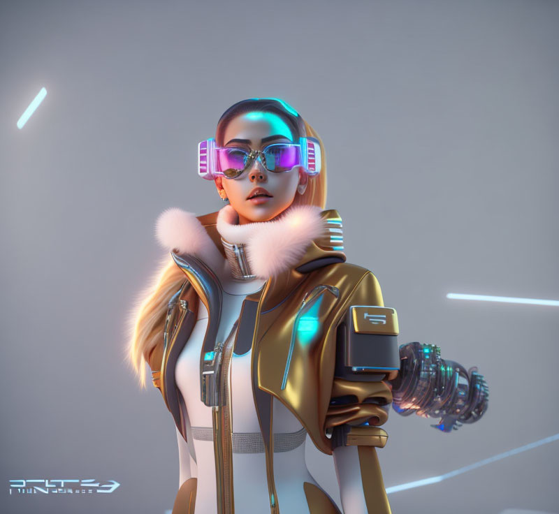 Futuristic female character in pink glasses, fur coat, and high-tech gauntlet