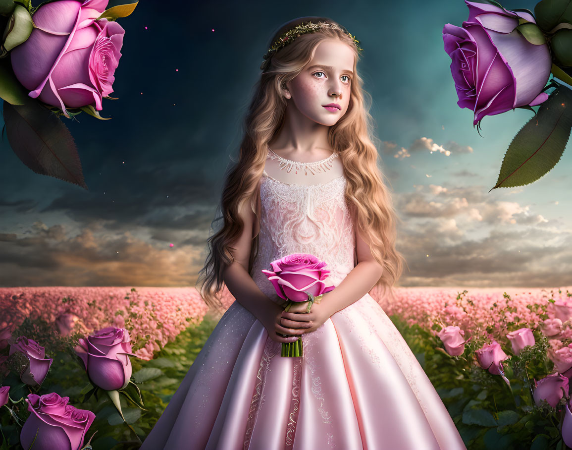 Young girl in pink dress with rose in rose field under dramatic sky