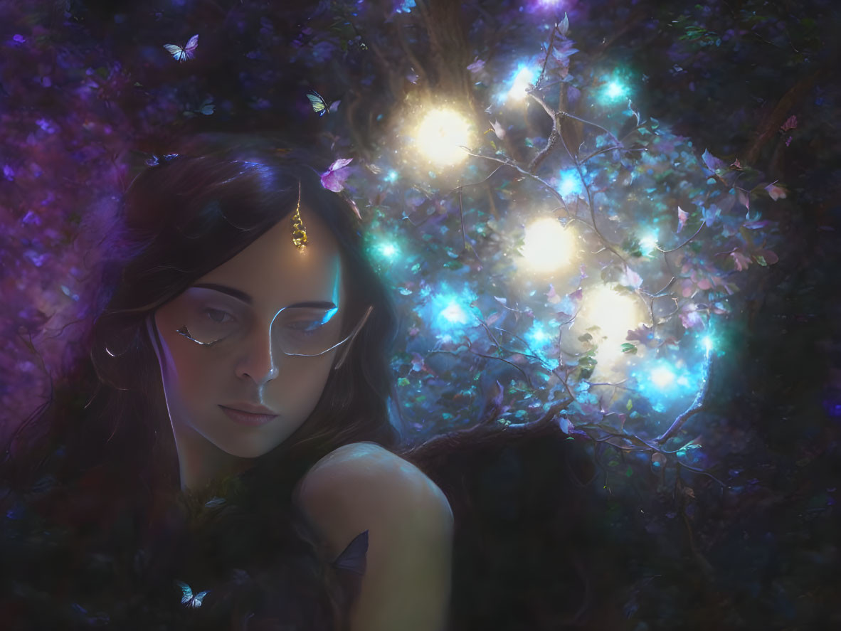 Enchanted forest portrait with glowing lights and butterflies