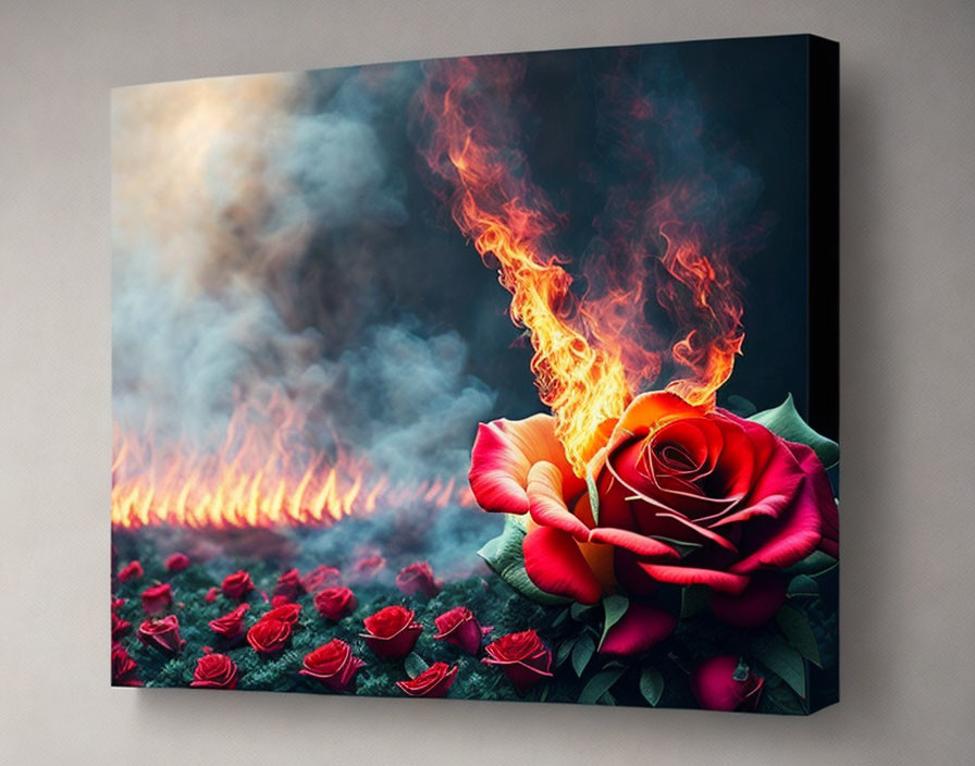 Vibrant red rose with flames on canvas print
