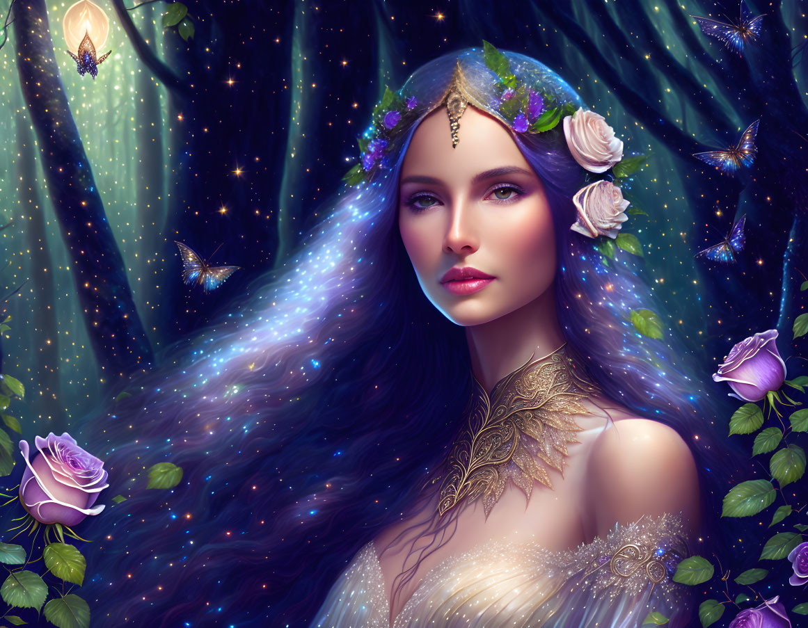 Ethereal woman with starry hair in mystical forest with glowing butterflies