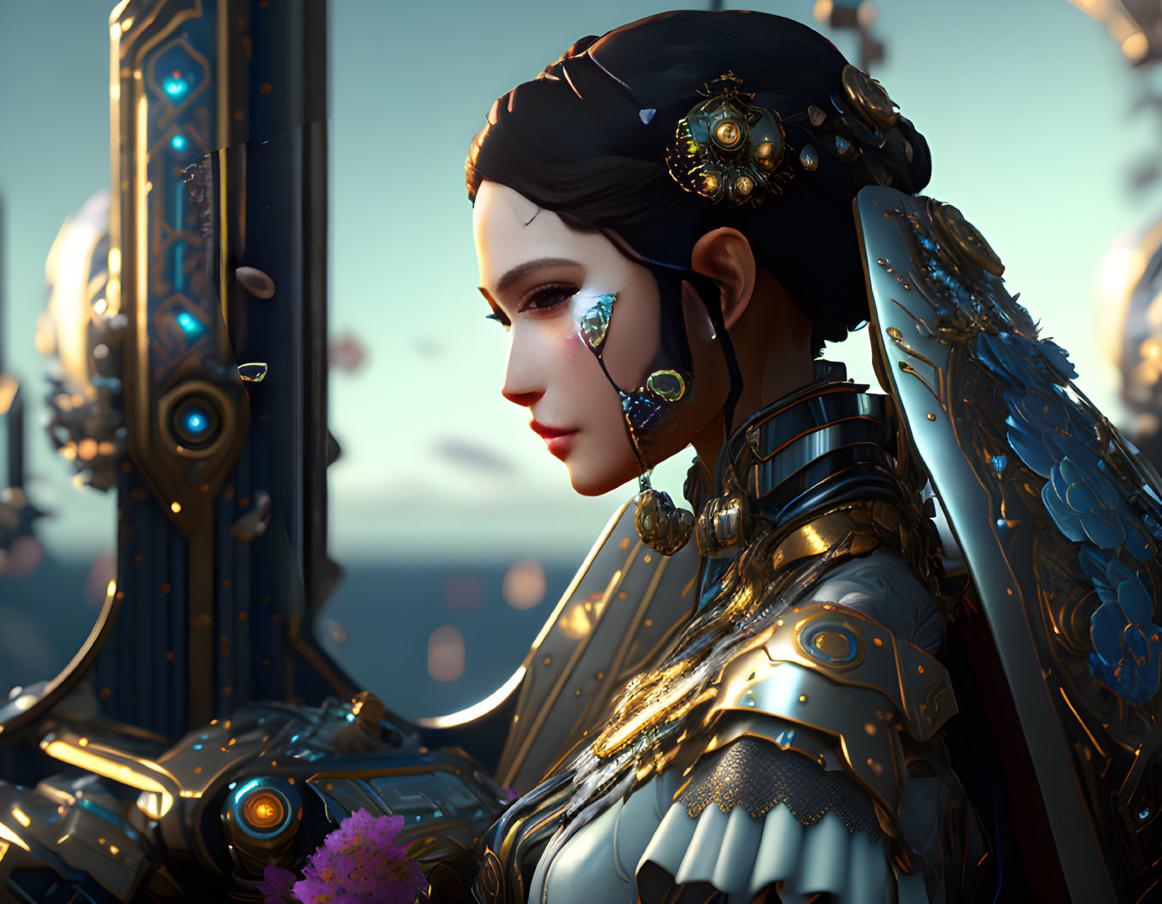 Woman in gold and blue armor with futuristic motifs holding a purple flower