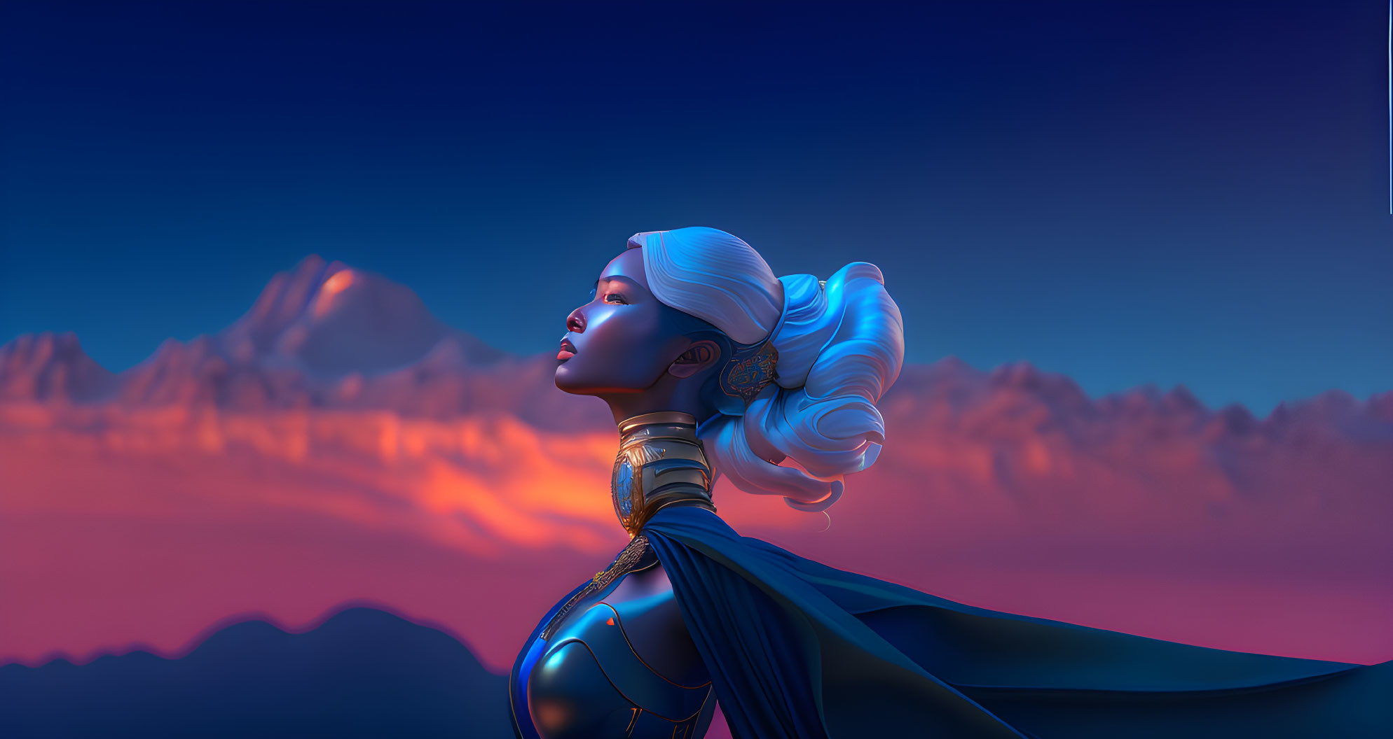 Stylized animated female character in white hair and blue armor against mountain backdrop at sunset