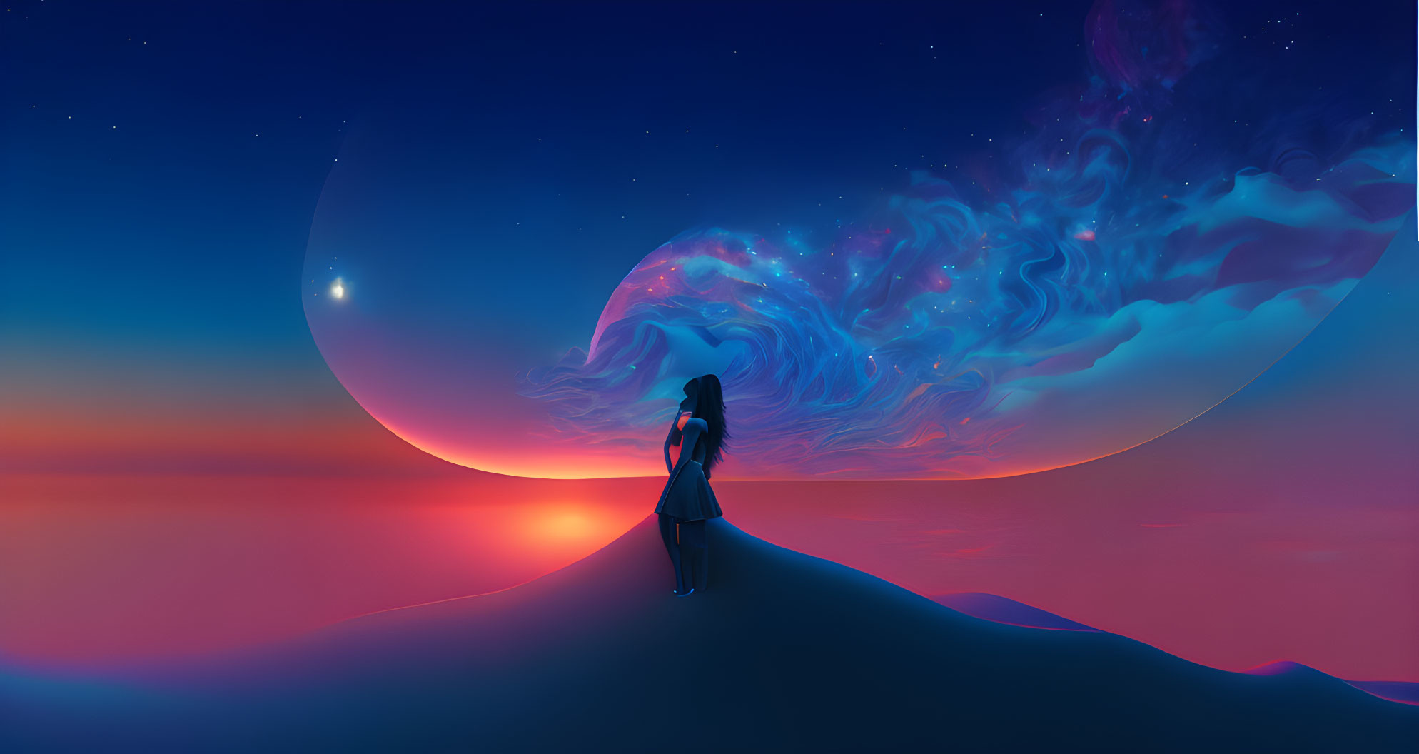 Silhouetted Figure on Dune Under Surreal Sky with Giant Planet and Nebula